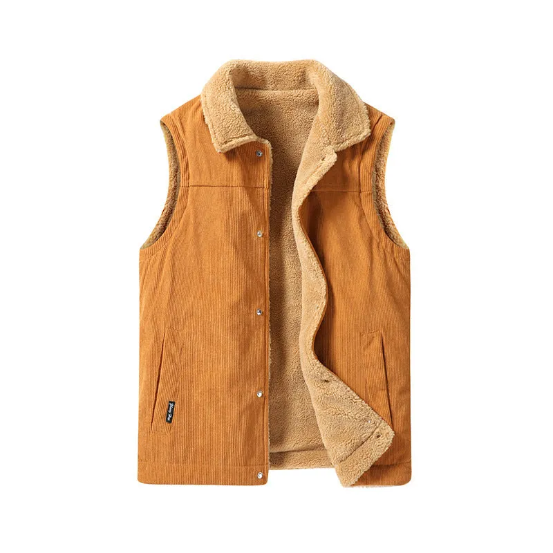 Men's corduroy flip collar jacket in army green, side view, showing fabric texture and collar detail