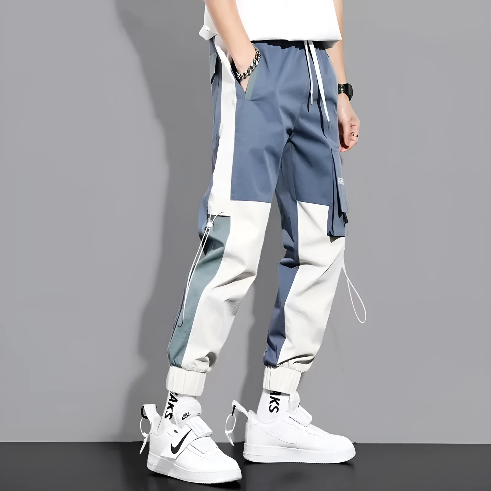 Men's cotton ankle-tied drawstring casual pants in black, skinny fit, non-iron finish