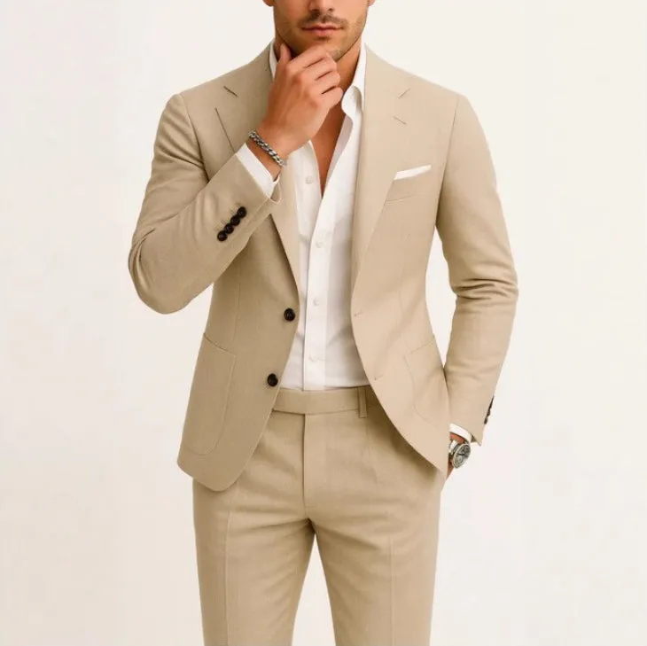 Two-piece digital printing suit with two-button jacket and matching trousers in nylon blend, men's light business wear spring autumn