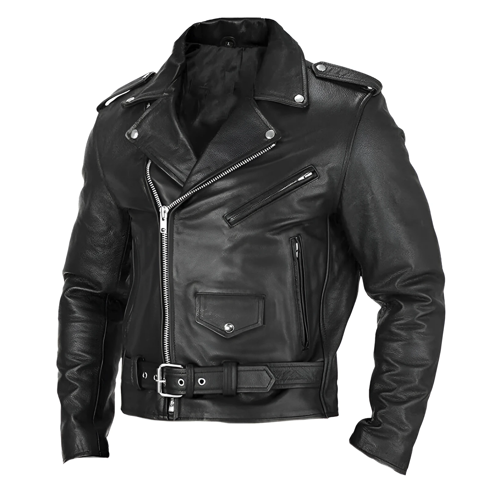 Men's black PU leather motorcycle biker jacket with punk style, regular fit, 50cm length