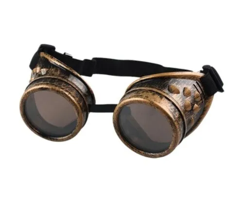 Adult plastic steampunk welding style sunglasses in black, brass, copper, and silver colours