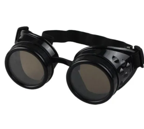 Adult plastic steampunk welding style sunglasses in black, brass, copper, and silver colours