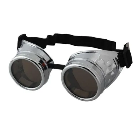 Adult plastic steampunk welding style sunglasses in black, brass, copper, and silver colours