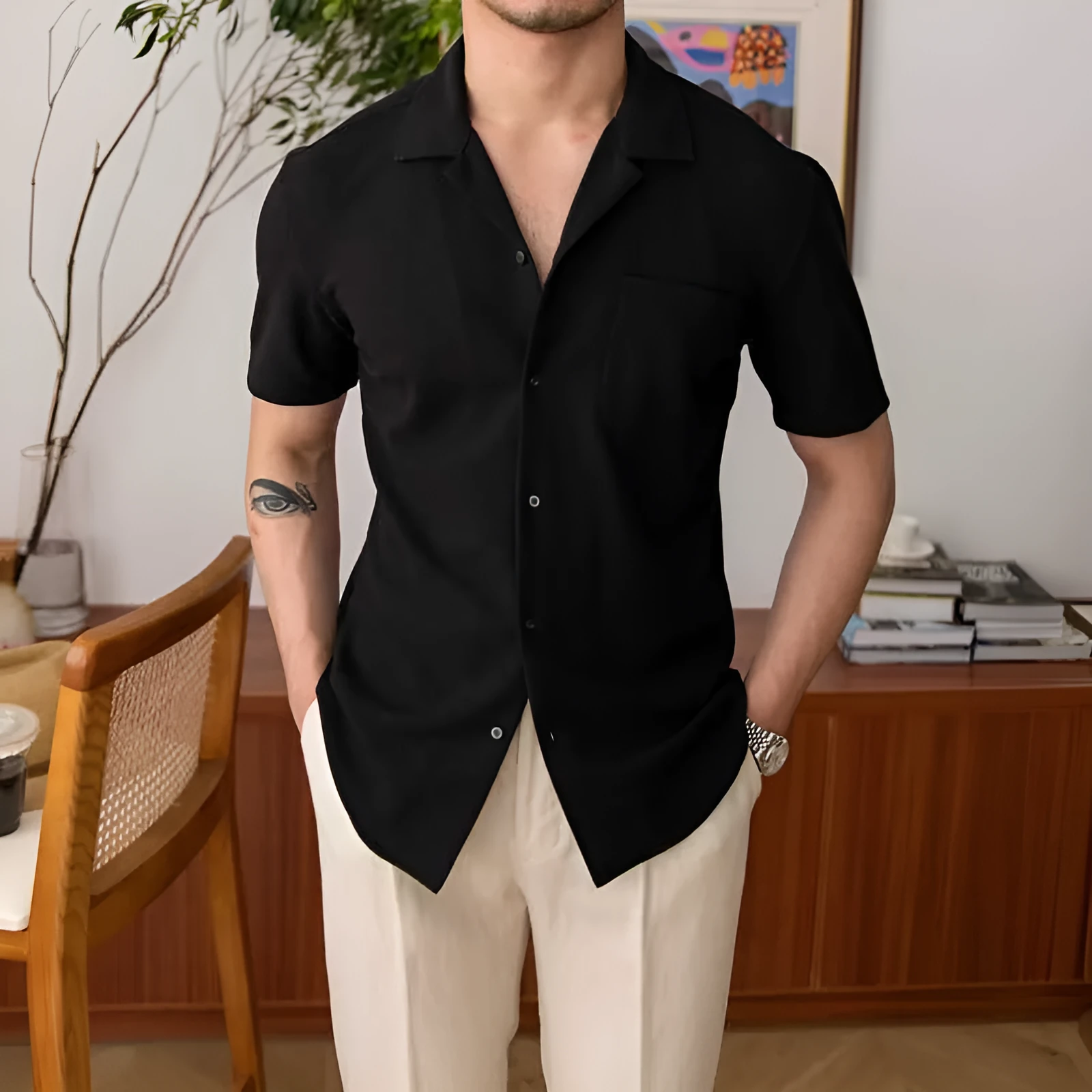 Small V-neck PU handsome casual top in slim-fit cardigan style available in black, green, and white
