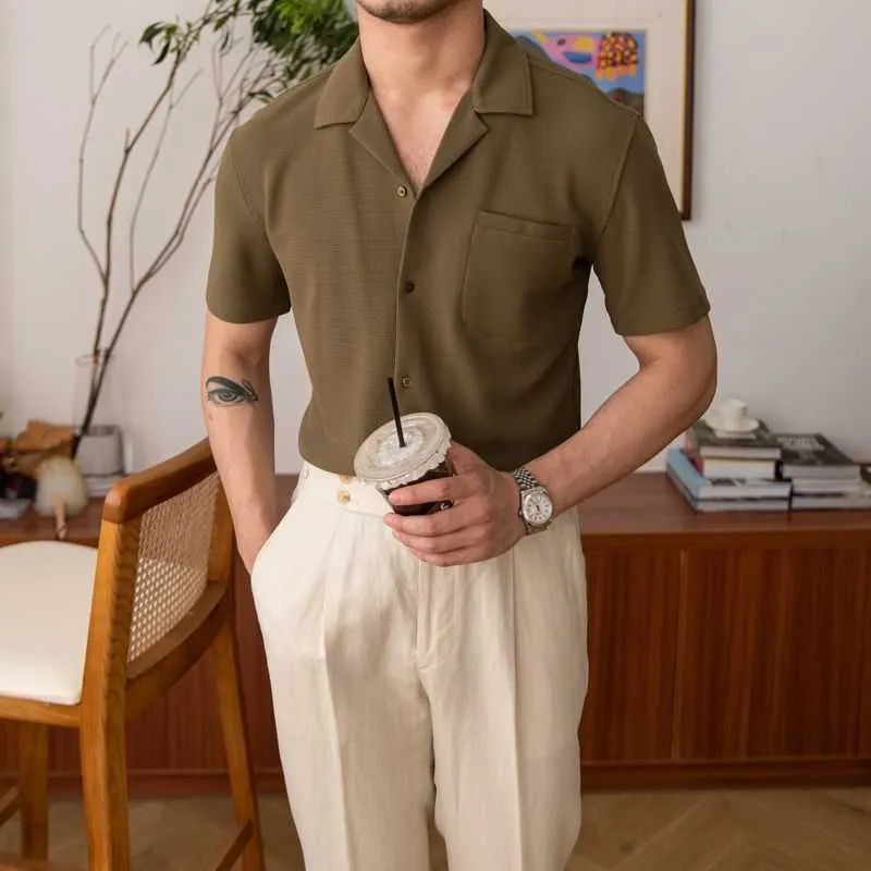 Small V-neck PU handsome casual top in slim-fit cardigan style available in black, green, and white