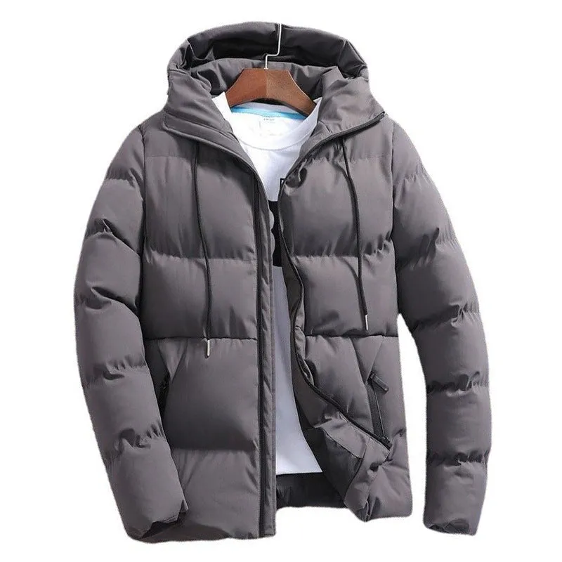 Men's pure cotton padded jacket with hood, zip front, in black, front view