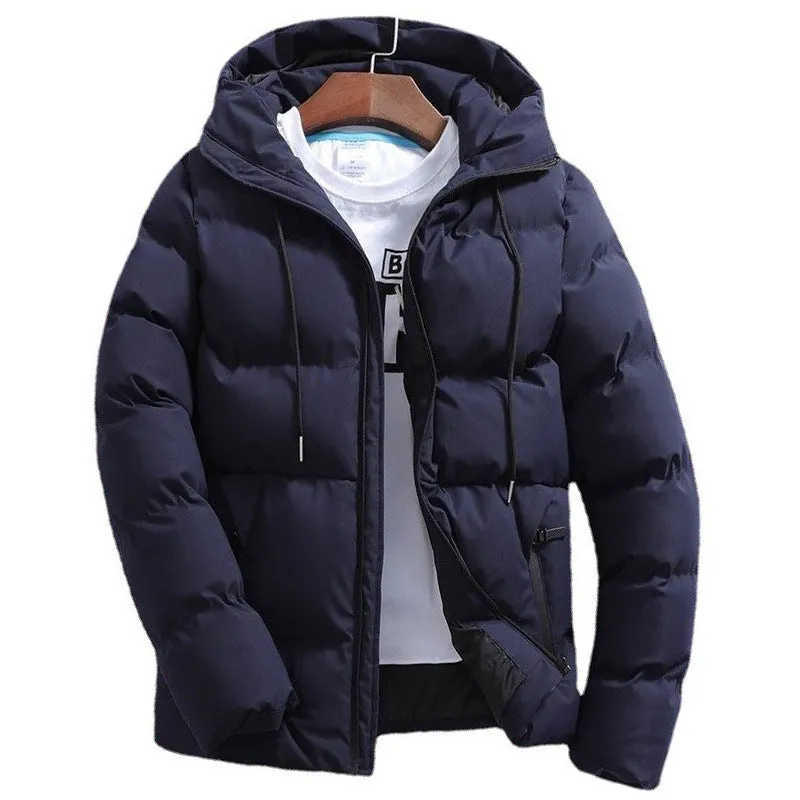 Men's pure cotton padded jacket with hood, zip front, in black, front view
