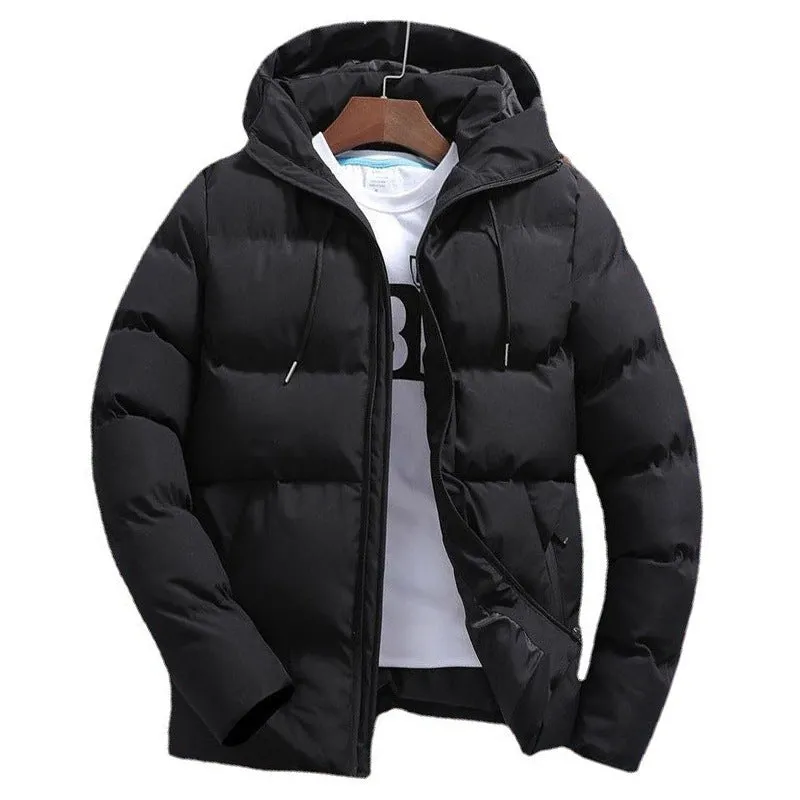 Men's pure cotton padded jacket with hood, zip front, in black, front view