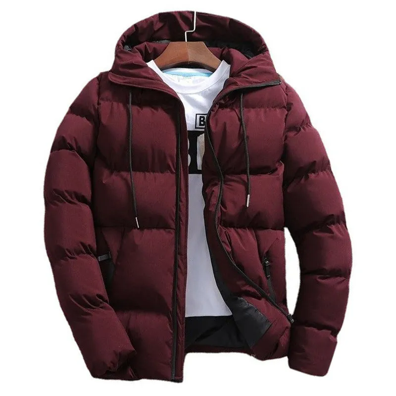 Men's pure cotton padded jacket with hood, zip front, in black, front view