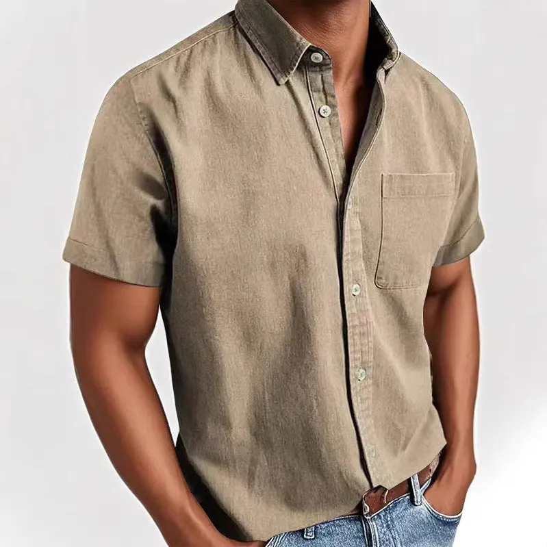 Men's loose fit short sleeve cardigan shirt in a cotton blend fabric, shown on a hanger.