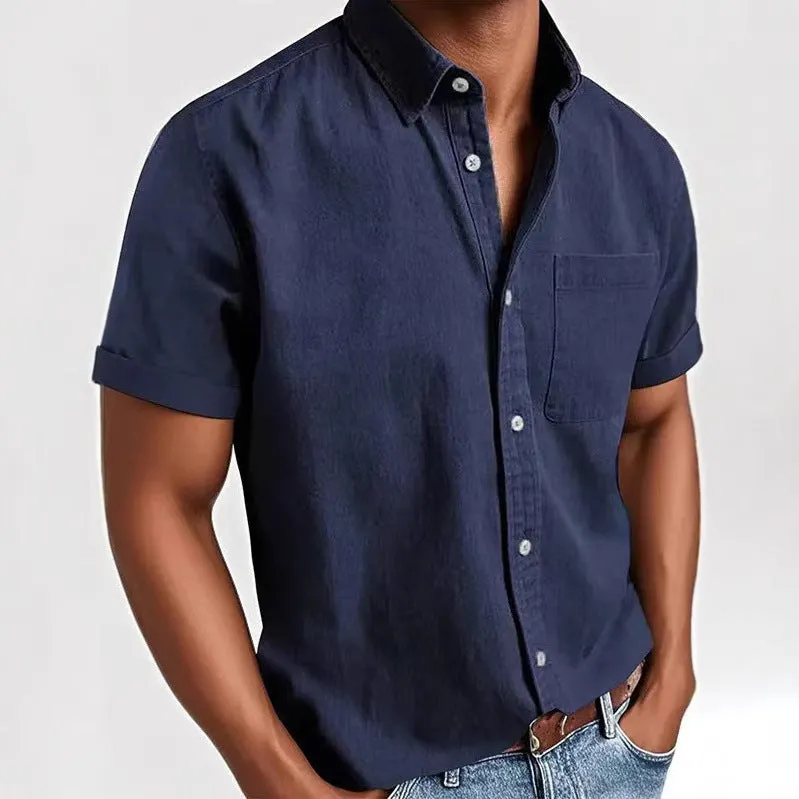 Men's loose fit short sleeve cardigan shirt in a cotton blend fabric, shown on a hanger.
