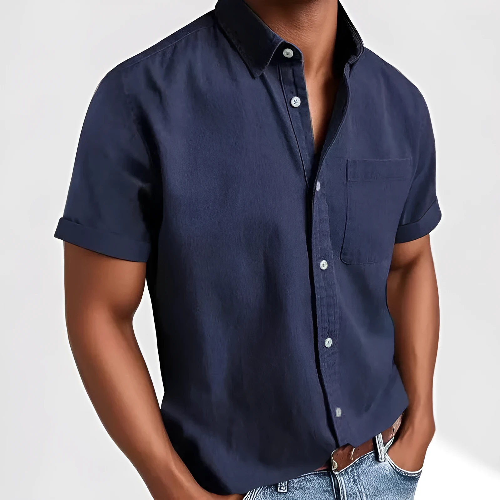 Men's loose fit short sleeve cardigan shirt in a cotton blend fabric, shown on a hanger.