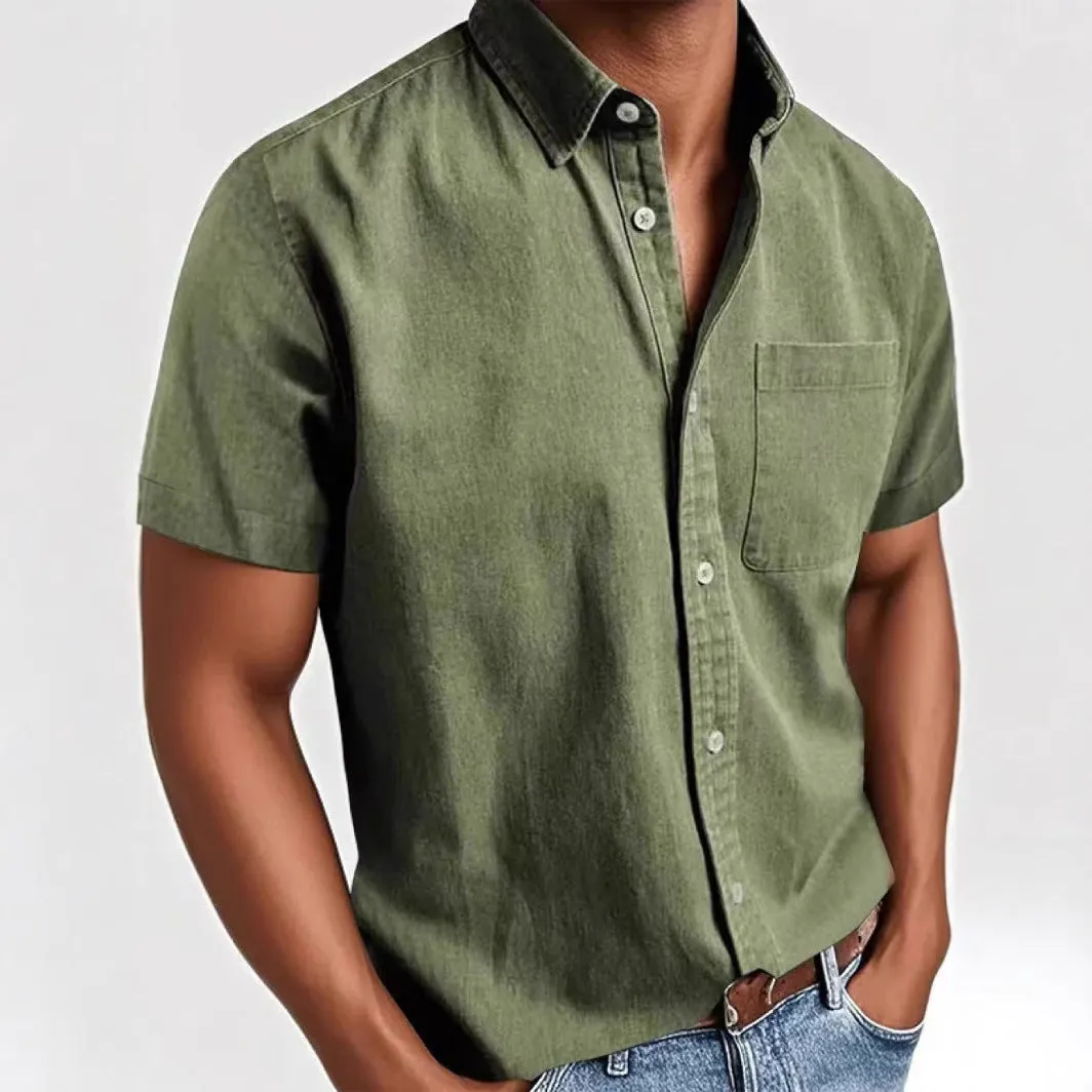 Men's loose fit short sleeve cardigan shirt in a cotton blend fabric, shown on a hanger.