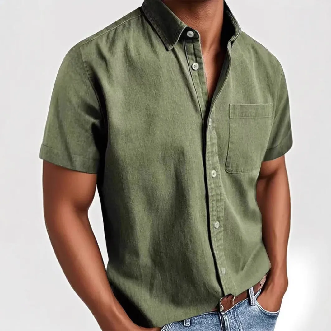 Men's loose fit short sleeve cardigan shirt in a cotton blend fabric, shown on a hanger.