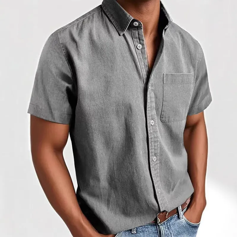 Men's loose fit short sleeve cardigan shirt in a cotton blend fabric, shown on a hanger.