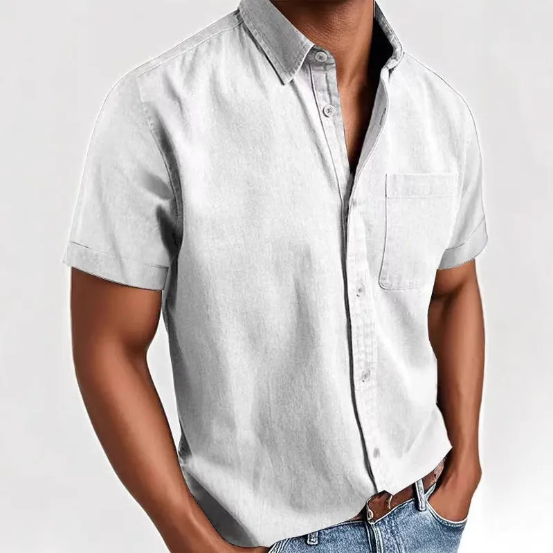 Men's loose fit short sleeve cardigan shirt in a cotton blend fabric, shown on a hanger.