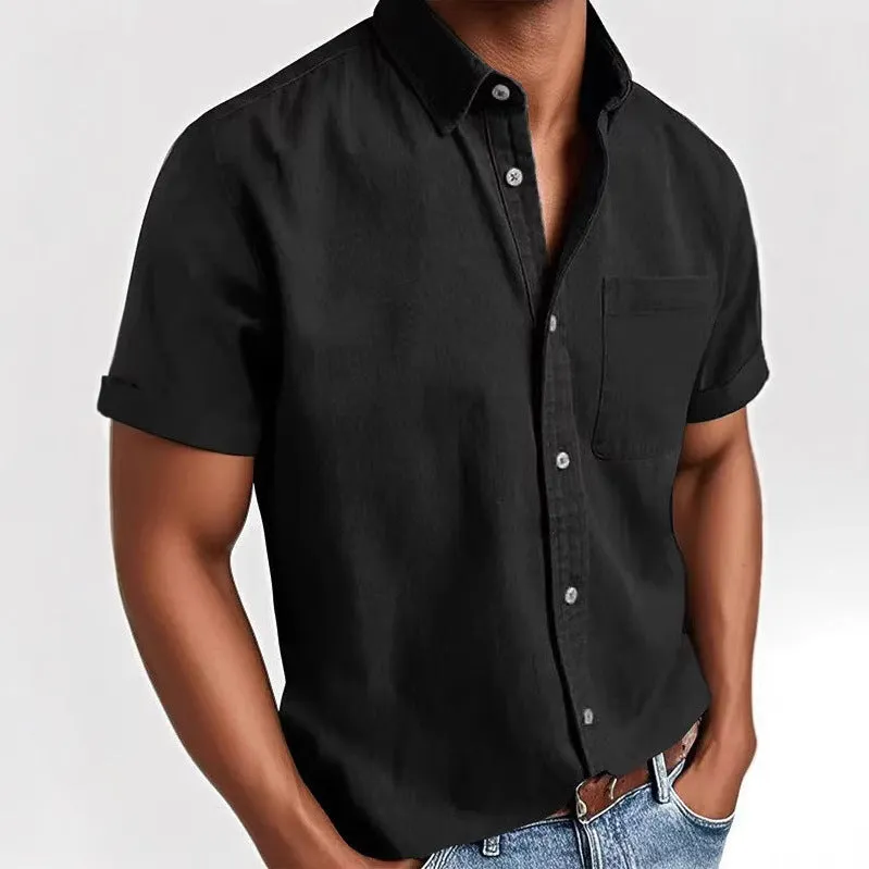 Men's loose fit short sleeve cardigan shirt in a cotton blend fabric, shown on a hanger.