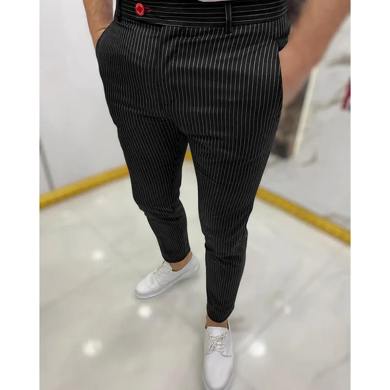 Men's thin striped slim casual trousers in chemical fibre blend, mid waist, button fly, available in multiple colours