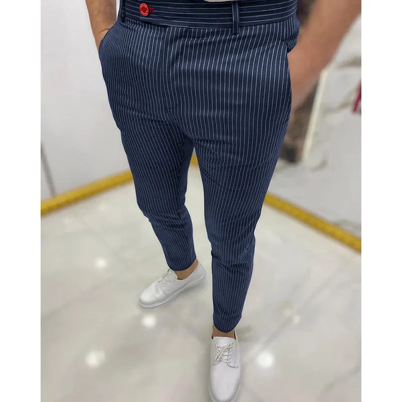 Men's thin striped slim casual trousers in chemical fibre blend, mid waist, button fly, available in multiple colours