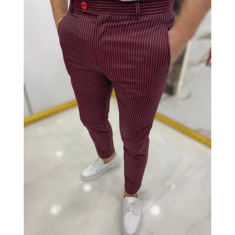 Men's thin striped slim casual trousers in chemical fibre blend, mid waist, button fly, available in multiple colours