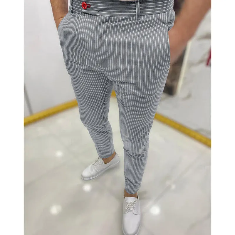 Men's thin striped slim casual trousers in chemical fibre blend, mid waist, button fly, available in multiple colours