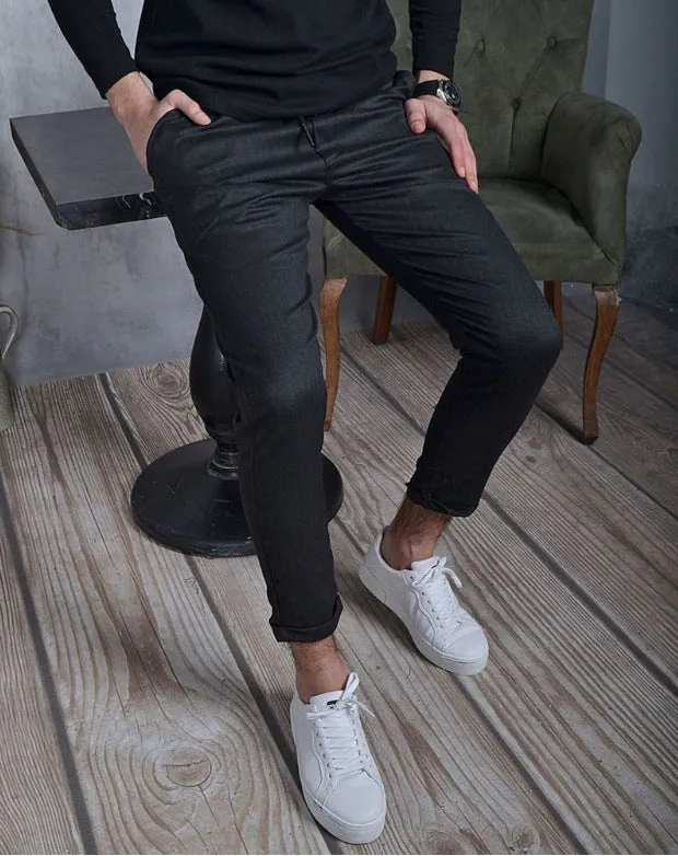 Men's thin striped slim casual trousers in chemical fibre blend, mid waist, button fly, available in multiple colours
