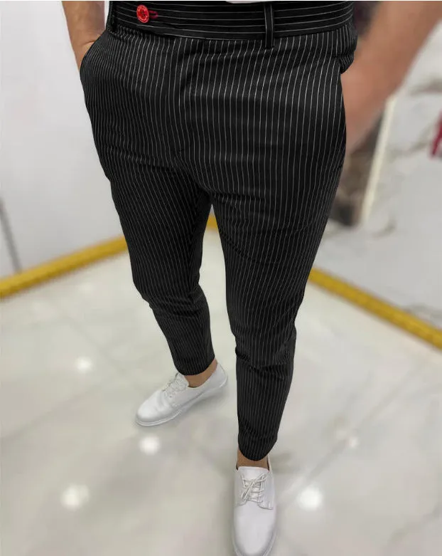 Men's thin striped slim casual trousers in chemical fibre blend, mid waist, button fly, available in multiple colours