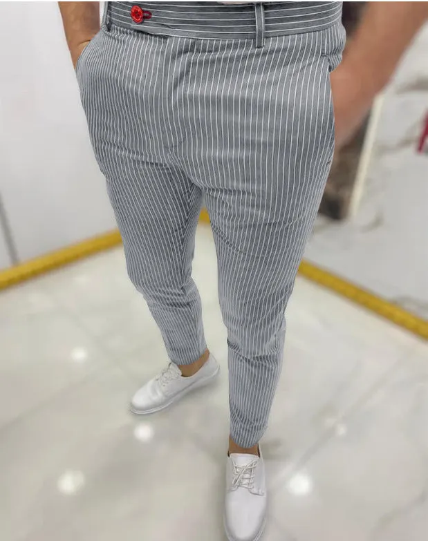 Men's thin striped slim casual trousers in chemical fibre blend, mid waist, button fly, available in multiple colours