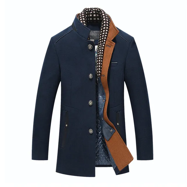 Men's woollen overcoat with double collar and patch pockets in khaki colour, Asian size L