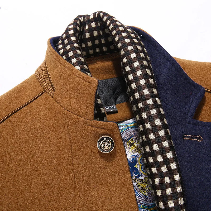 Men's woollen overcoat with double collar and patch pockets in khaki colour, Asian size L