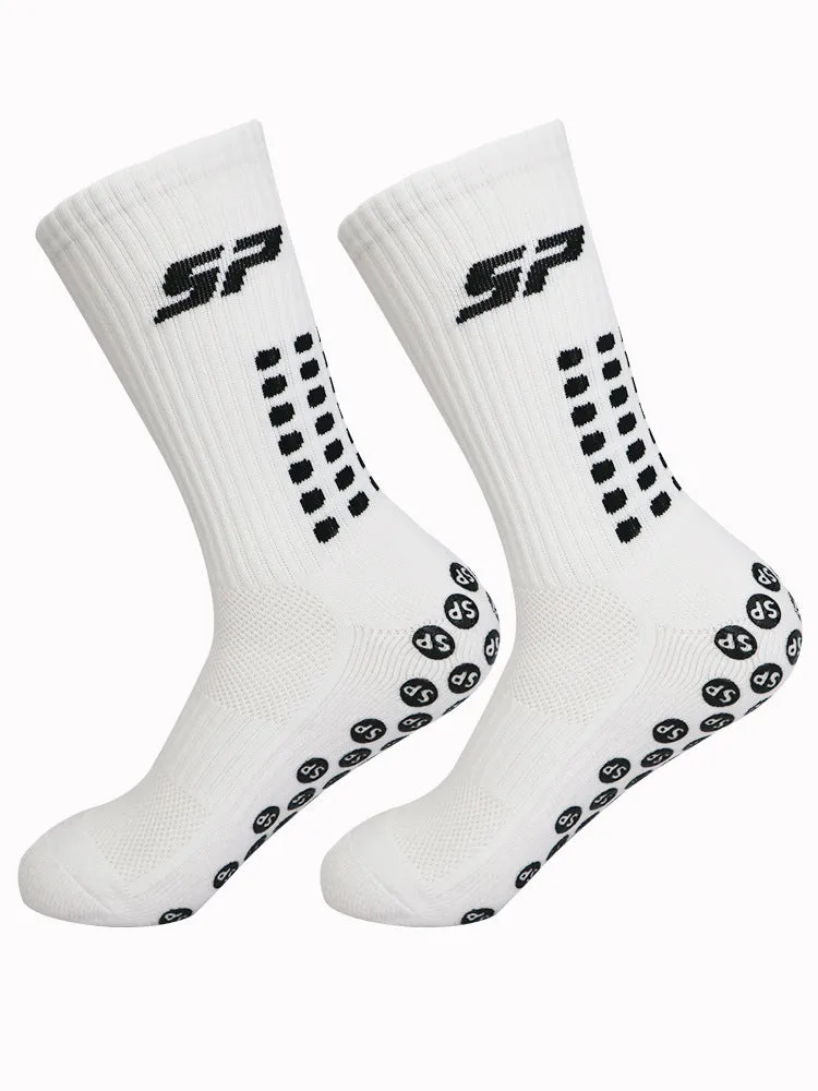 Non-slip nylon mid-calf socks for badminton and soccer in blue, shown on a white background