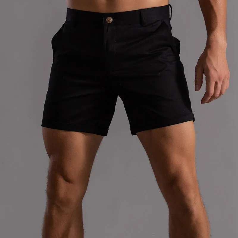 Men's cotton summer button beach shorts with pockets, straight leg, in army green colour option