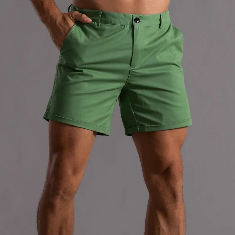 Men's cotton summer button beach shorts with pockets, straight leg, in army green colour option