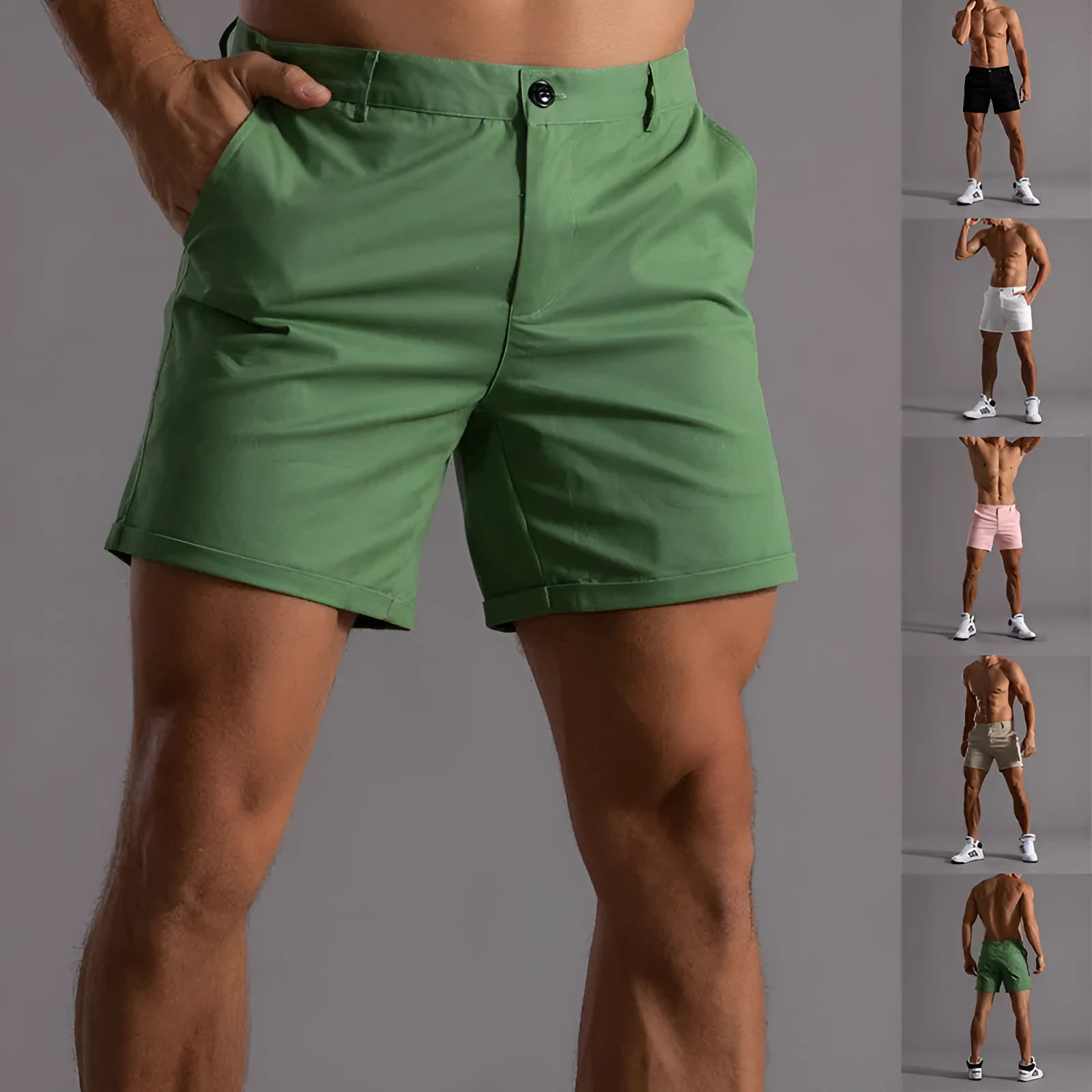 Men's cotton summer button beach shorts with pockets, straight leg, in army green colour option