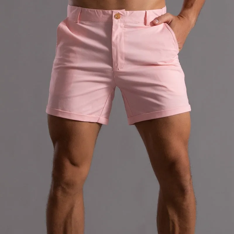 Men's cotton summer button beach shorts with pockets, straight leg, in army green colour option