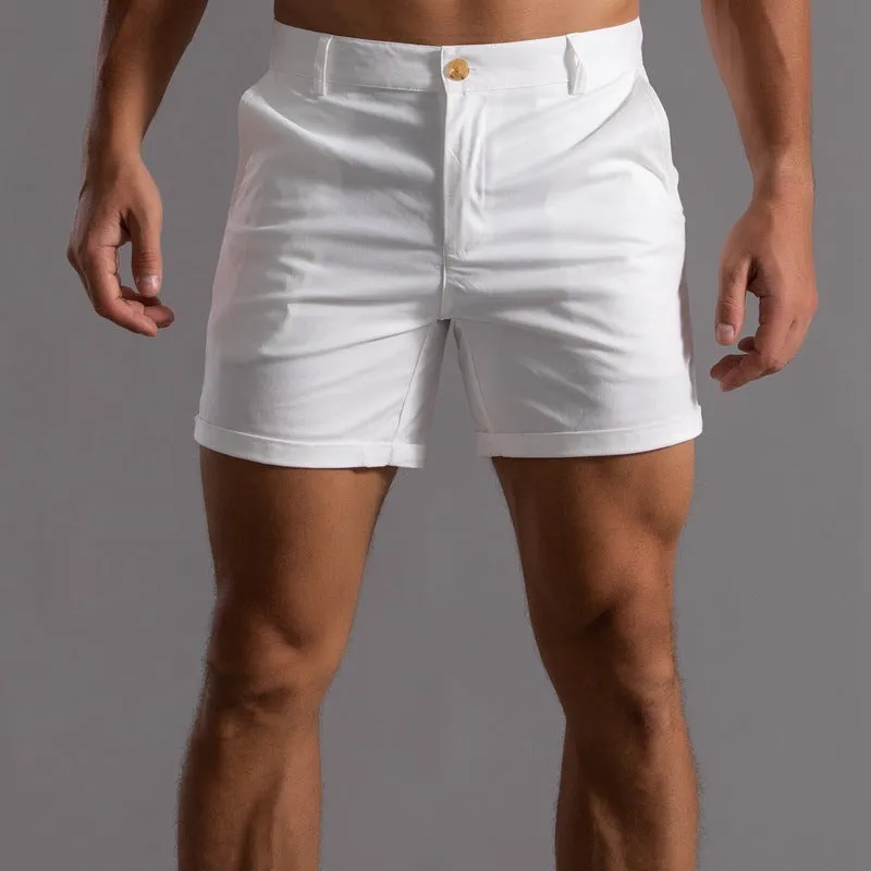 Men's cotton summer button beach shorts with pockets, straight leg, in army green colour option