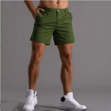 Men's cotton summer button beach shorts with pockets, straight leg, in army green colour option