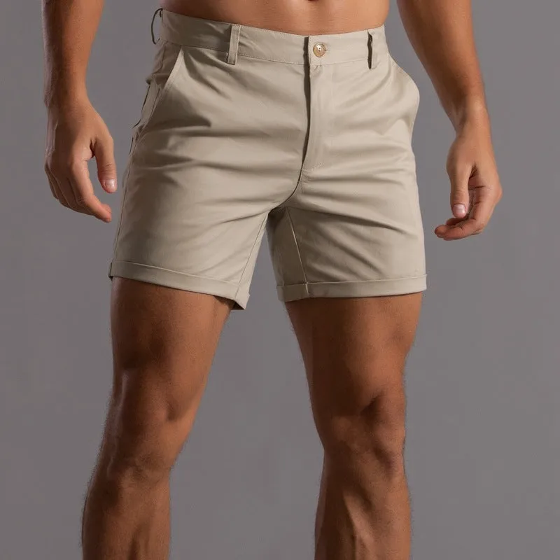 Men's cotton summer button beach shorts with pockets, straight leg, in army green colour option