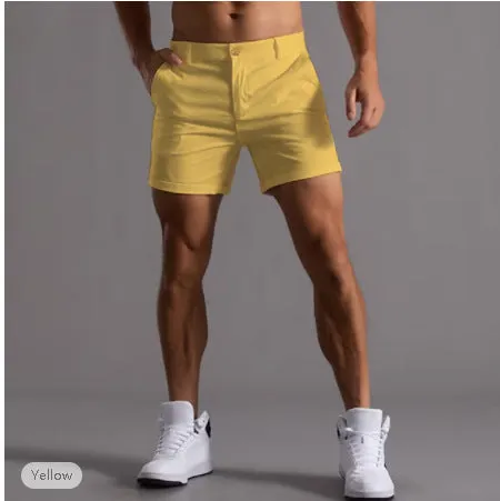 Men's cotton summer button beach shorts with pockets, straight leg, in army green colour option
