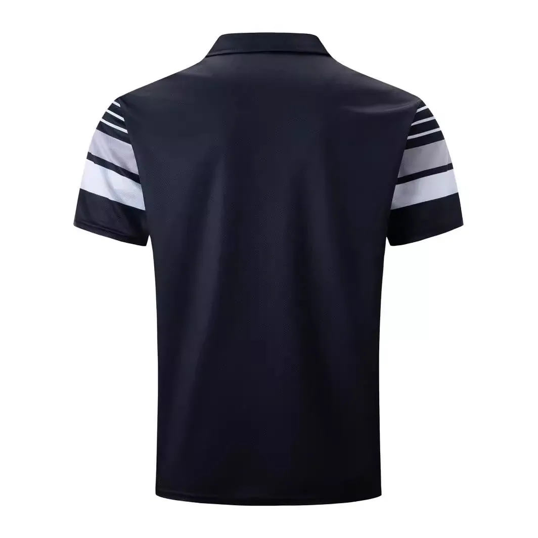 Men's black striped loose fit short sleeve polyester t-shirt on hanger, front view, sizes S to XXXL
