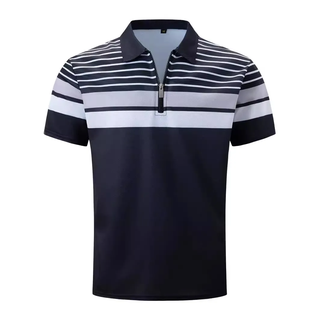 Men's black striped loose fit short sleeve polyester t-shirt on hanger, front view, sizes S to XXXL