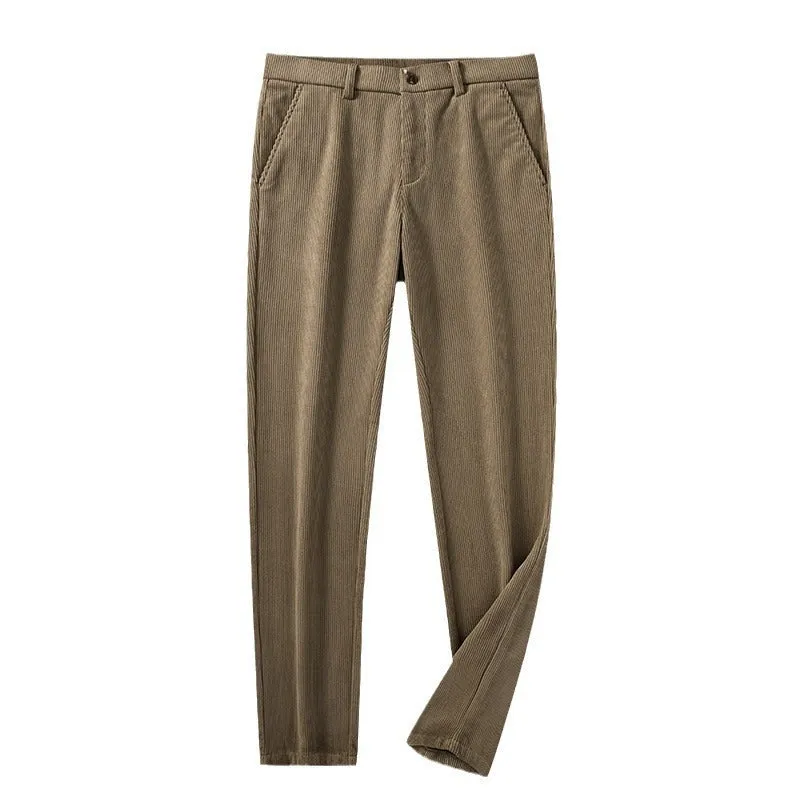 Straight-leg striped trousers in a khaki colour, showing the zip fly front and classic fit.