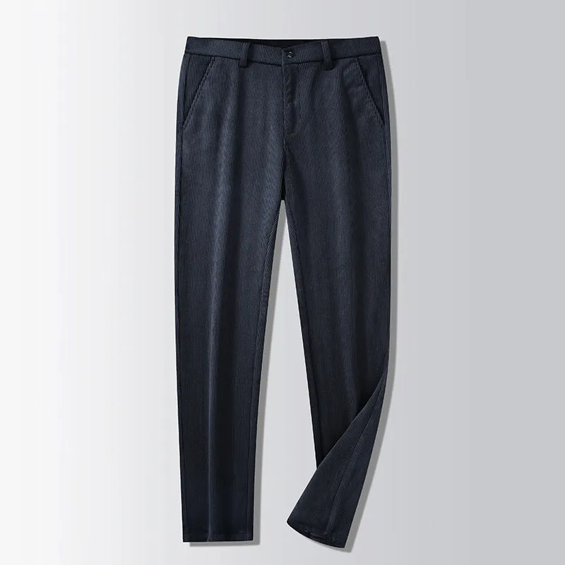 Straight-leg striped trousers in a khaki colour, showing the zip fly front and classic fit.