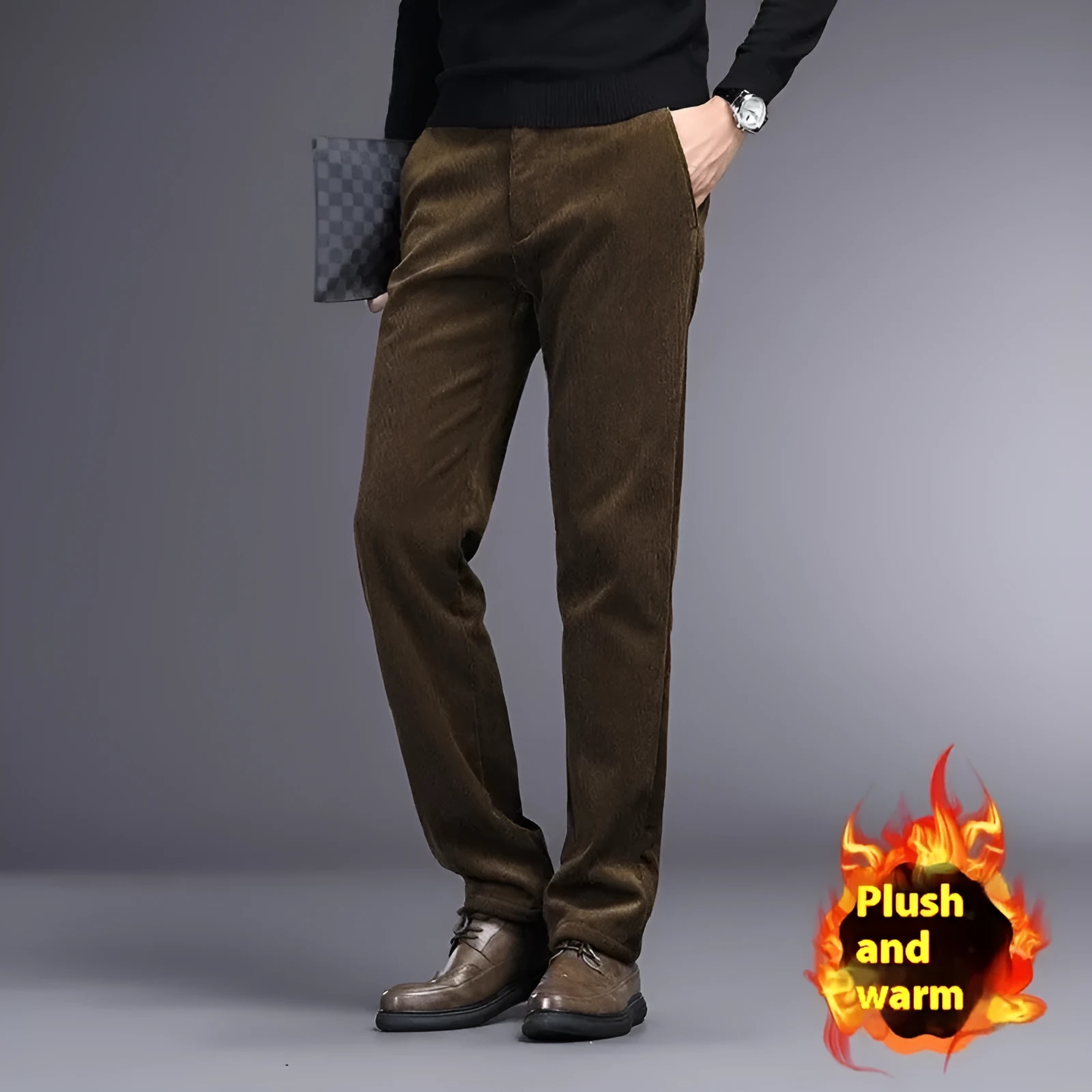 Straight-leg striped trousers in a khaki colour, showing the zip fly front and classic fit.