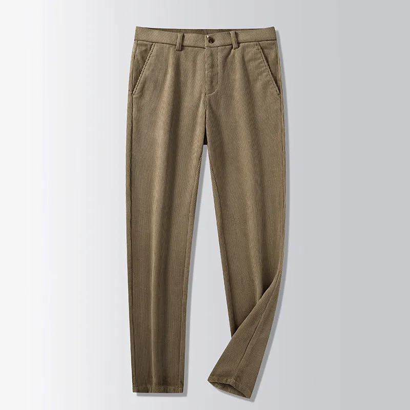 Straight-leg striped trousers in a khaki colour, showing the zip fly front and classic fit.