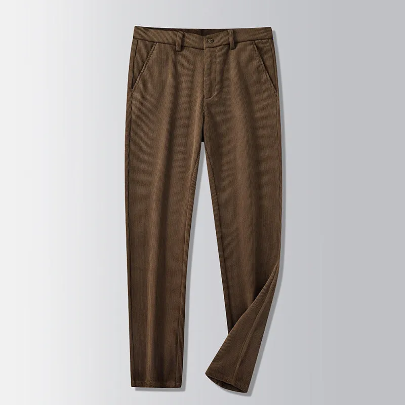 Straight-leg striped trousers in a khaki colour, showing the zip fly front and classic fit.