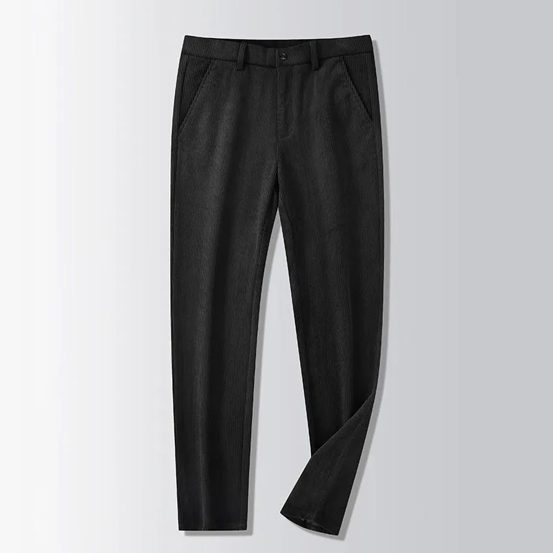 Straight-leg striped trousers in a khaki colour, showing the zip fly front and classic fit.