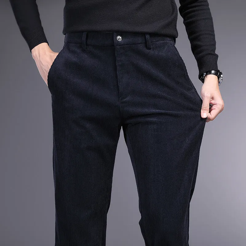 Straight-leg striped trousers in a khaki colour, showing the zip fly front and classic fit.