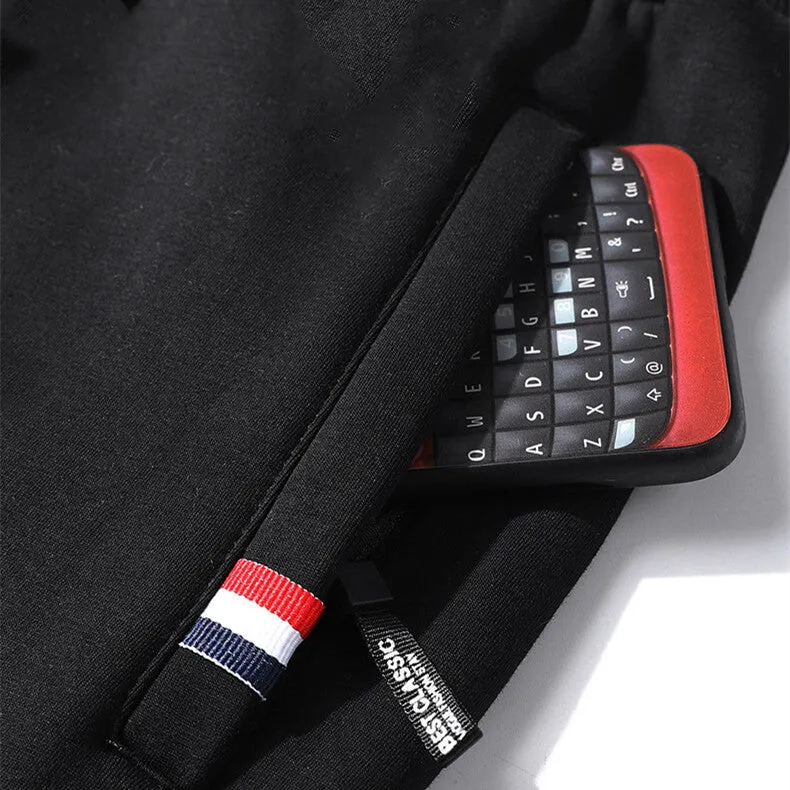 Men's casual loose straight-leg cotton-look sweatpants with fleece lining in black, front view