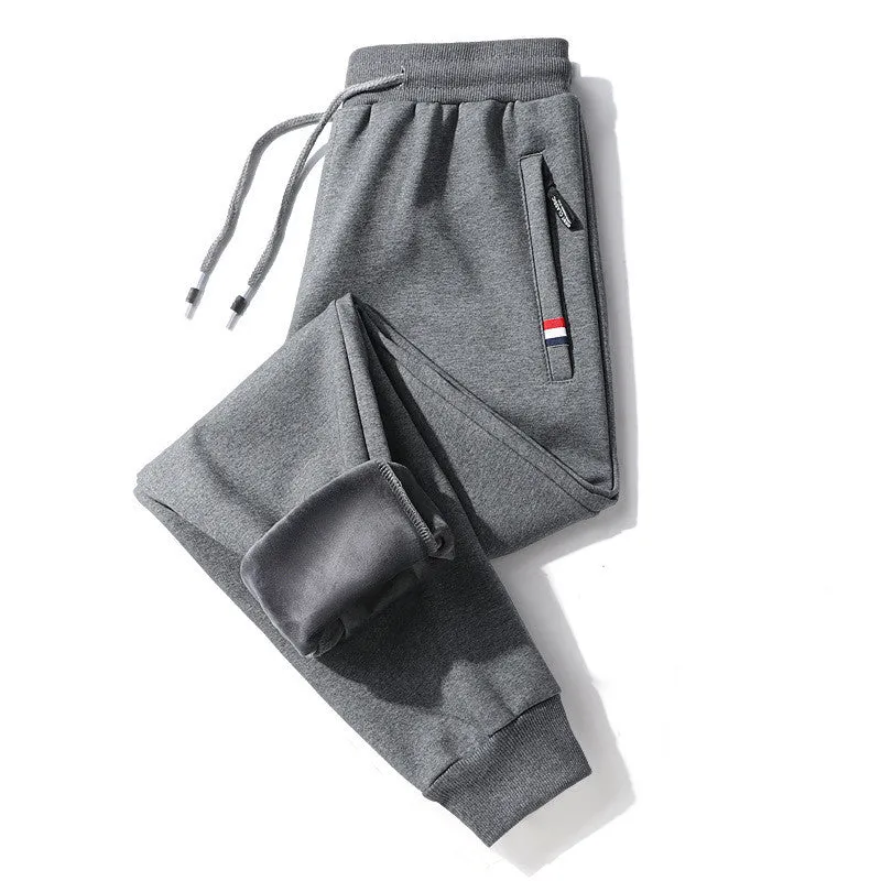 Men's casual loose straight-leg cotton-look sweatpants with fleece lining in black, front view